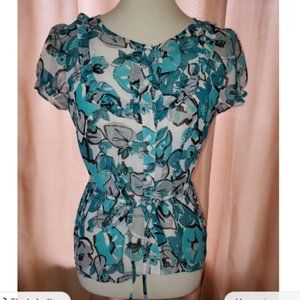 East 5th Petite Womens Blouse Size PM Teal Blue White Floral Ruffle Scoop Neck
